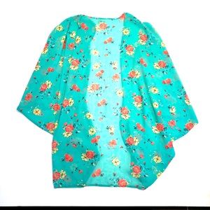 Charming Charlie Aqua Floral Kimono Cardigan